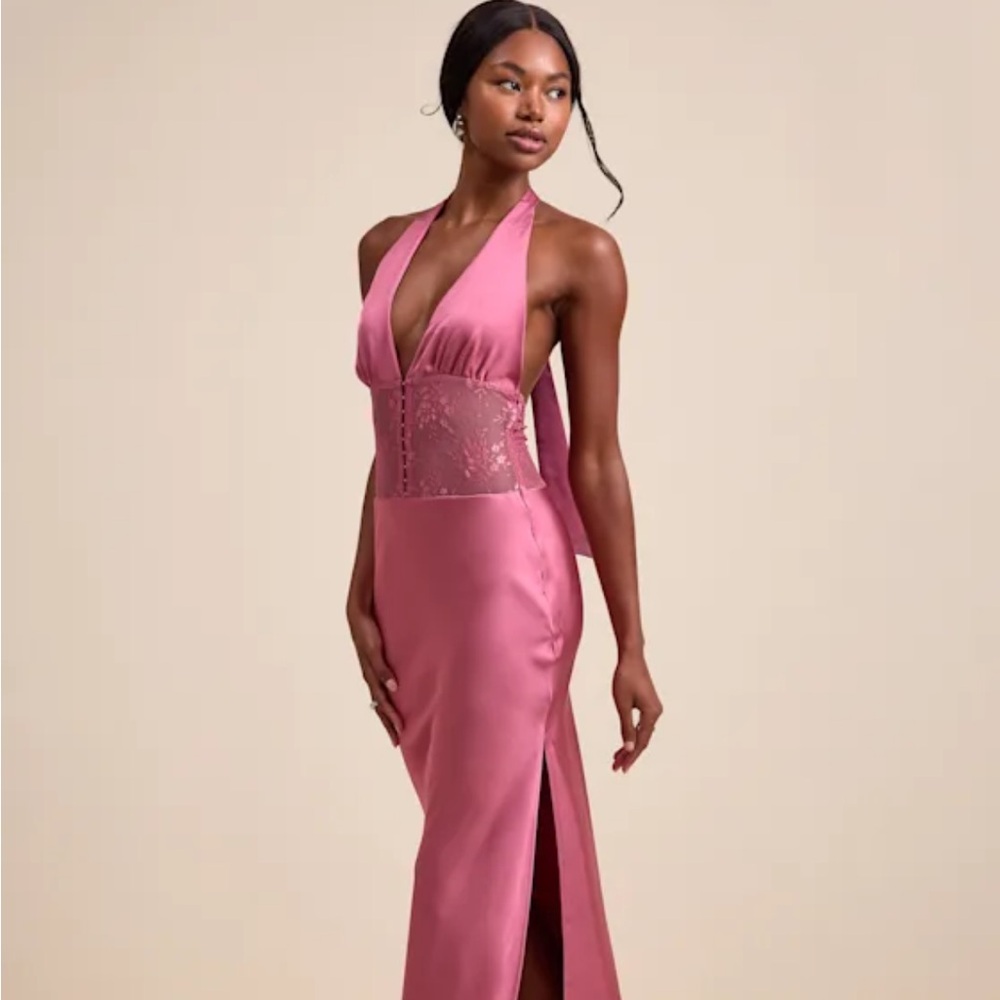 Lulus Lennon Mauve Pink Satin Lace Halter Maxi Dress - Size M